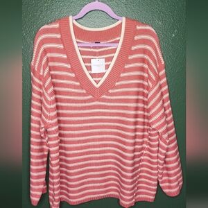 American Eagle Striped V-Neck Sweater - Pink and White
